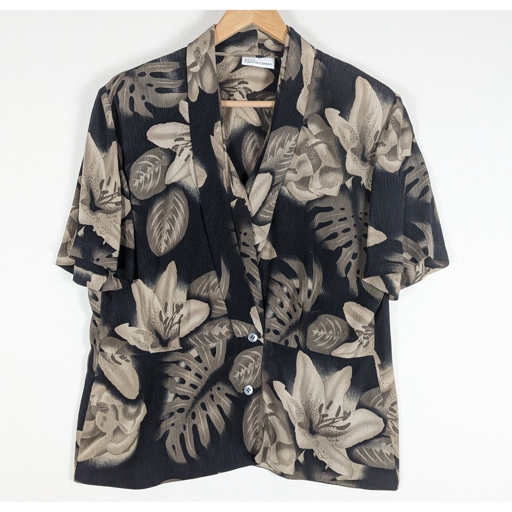 Dana Buchman Top Women 10 Crepe Silk Floral Tropical Shawl V-Neck Blouse Vintage